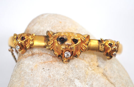 Antique Gold Diamond Ruby Lion Head Bangle Bracelet