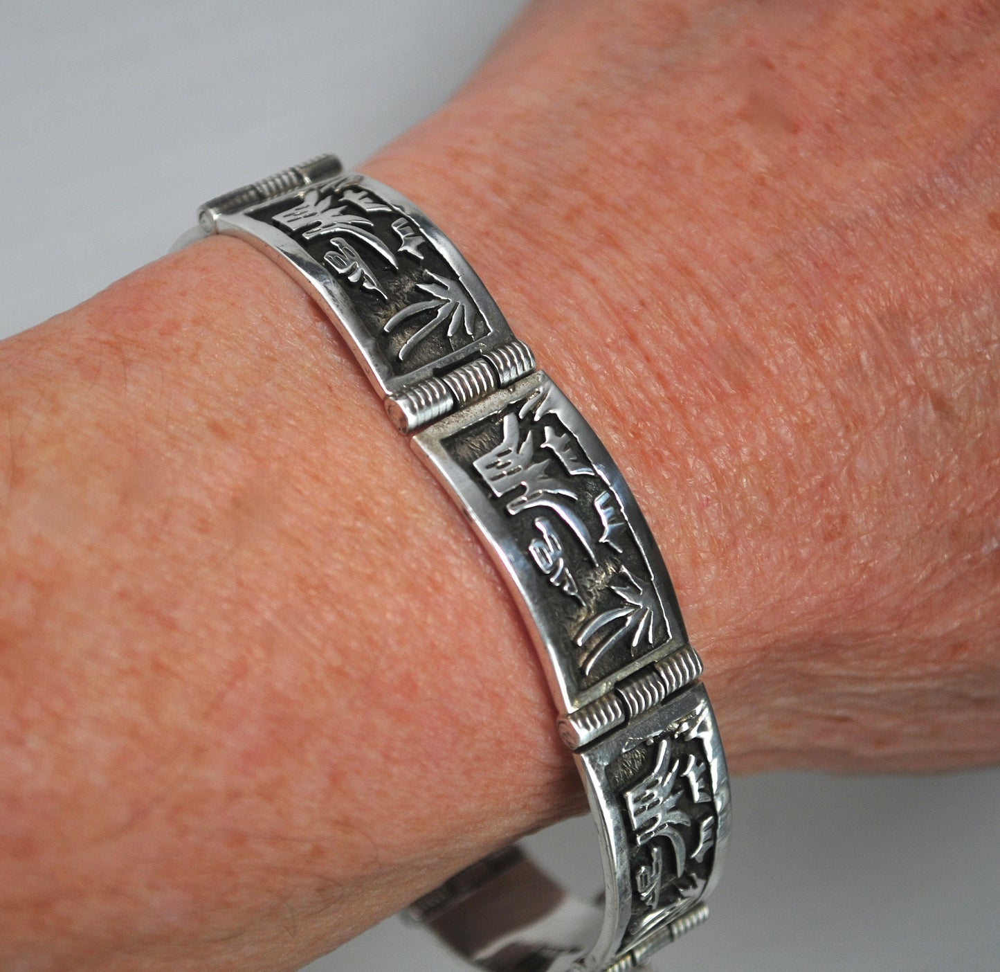 Signed Native American Sterling Silver Panel Bracelet