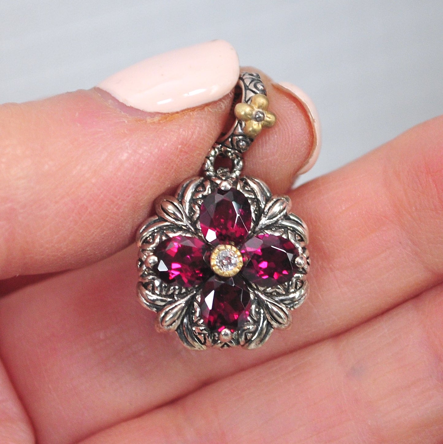 Barbara Bixby Sterling Silver 18K Gold Rhodolite Garnet Flower Charm Pendant