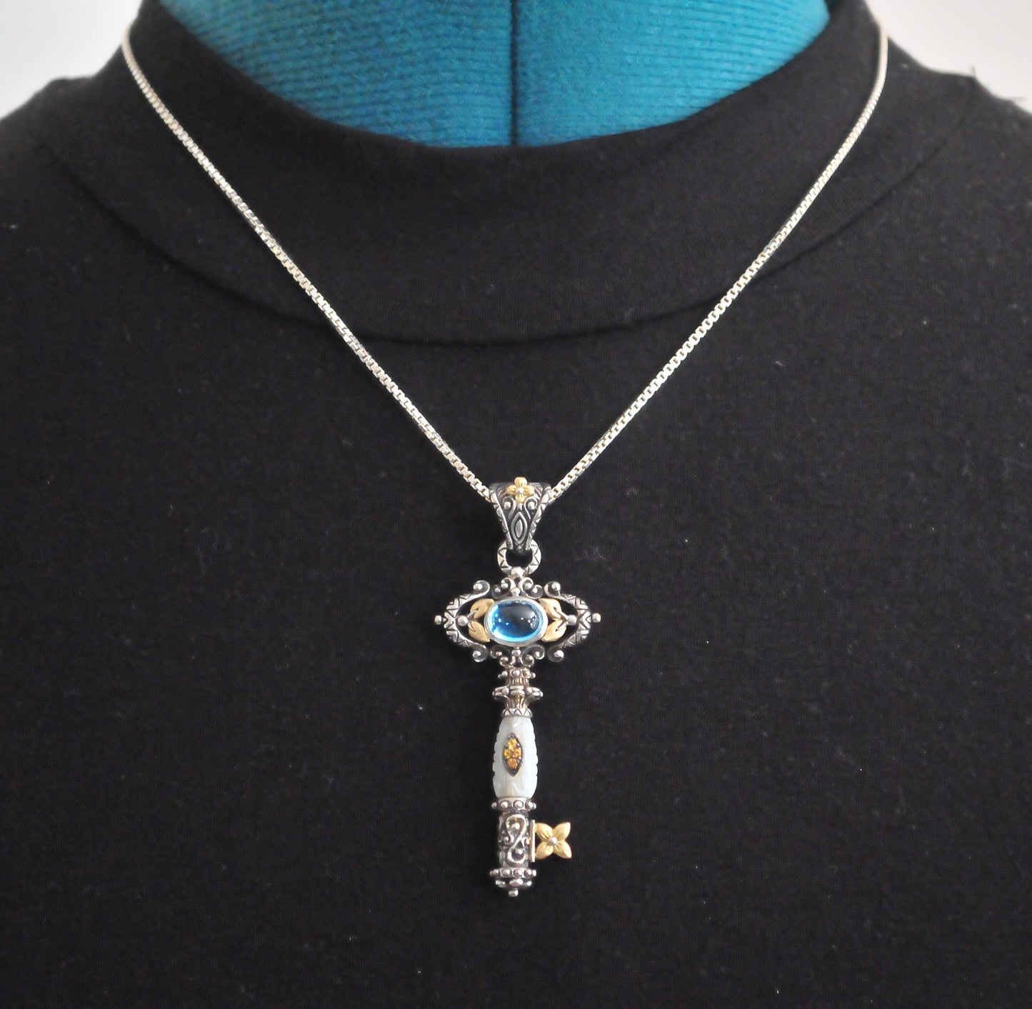 Barbara Bixby Sterling Silver 18K Gold Blue Topaz Mother of Pearl Key Enhancer Pendant