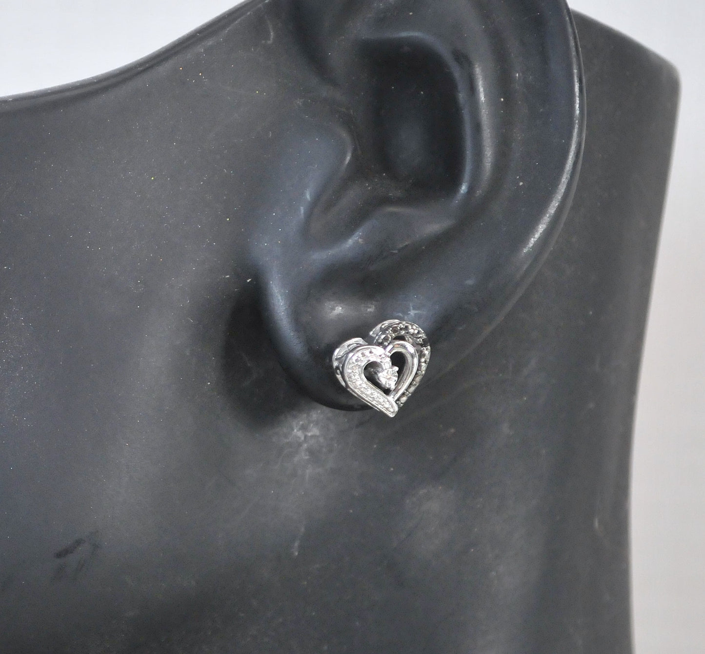 Jane Seymour Sterling Silver Black White Diamond Heart Stud Earrings