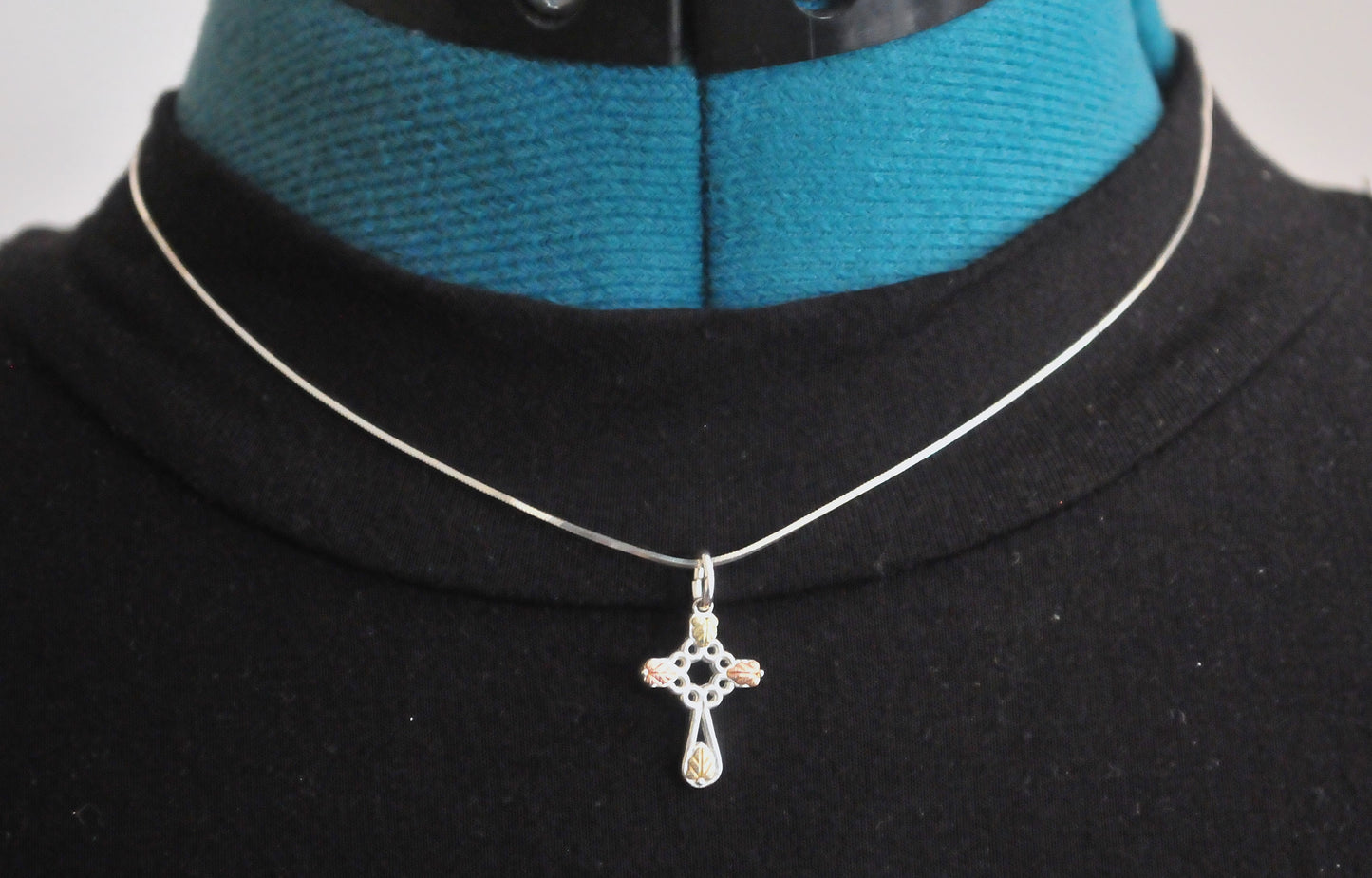 TINY Coleman Black Hills Sterling Silver 12K Gold Rose Leaf Cross Necklace