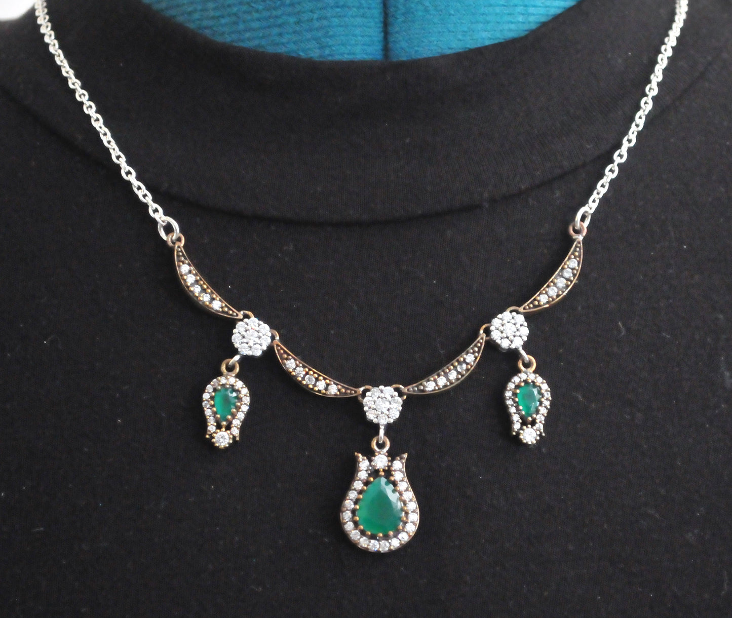 Sterling Silver and Gold Filled Green Onyx CZ Necklace