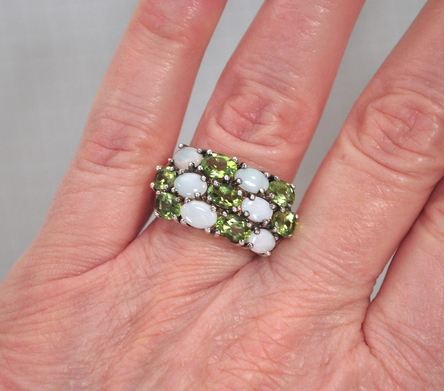 Wide Sterling Silver Peridot Opal Ring