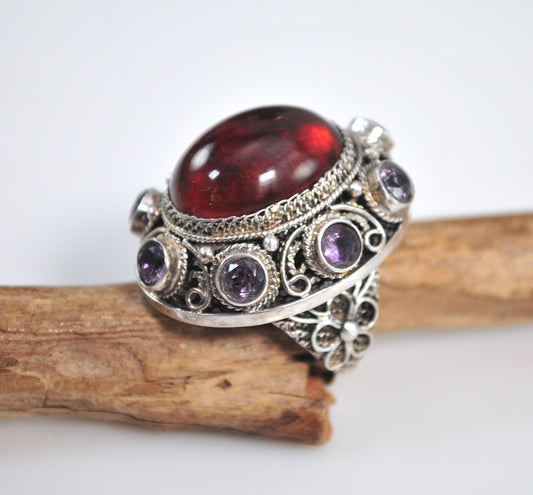 Large Signed Sterling Silver Amber Amethyst Ring