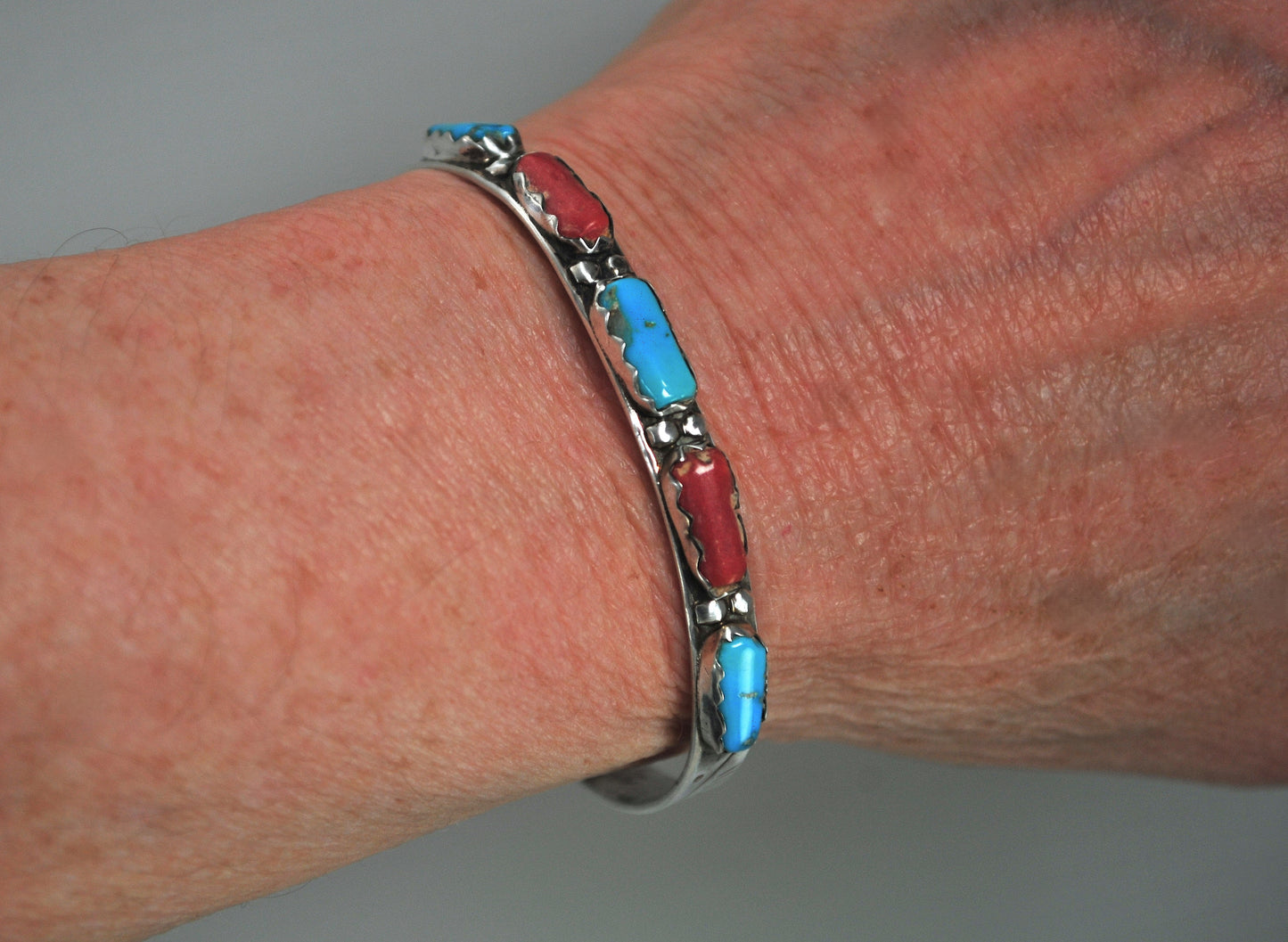 Zuni Signed Sterling Silver Turquoise Coral Cuff Bracelet