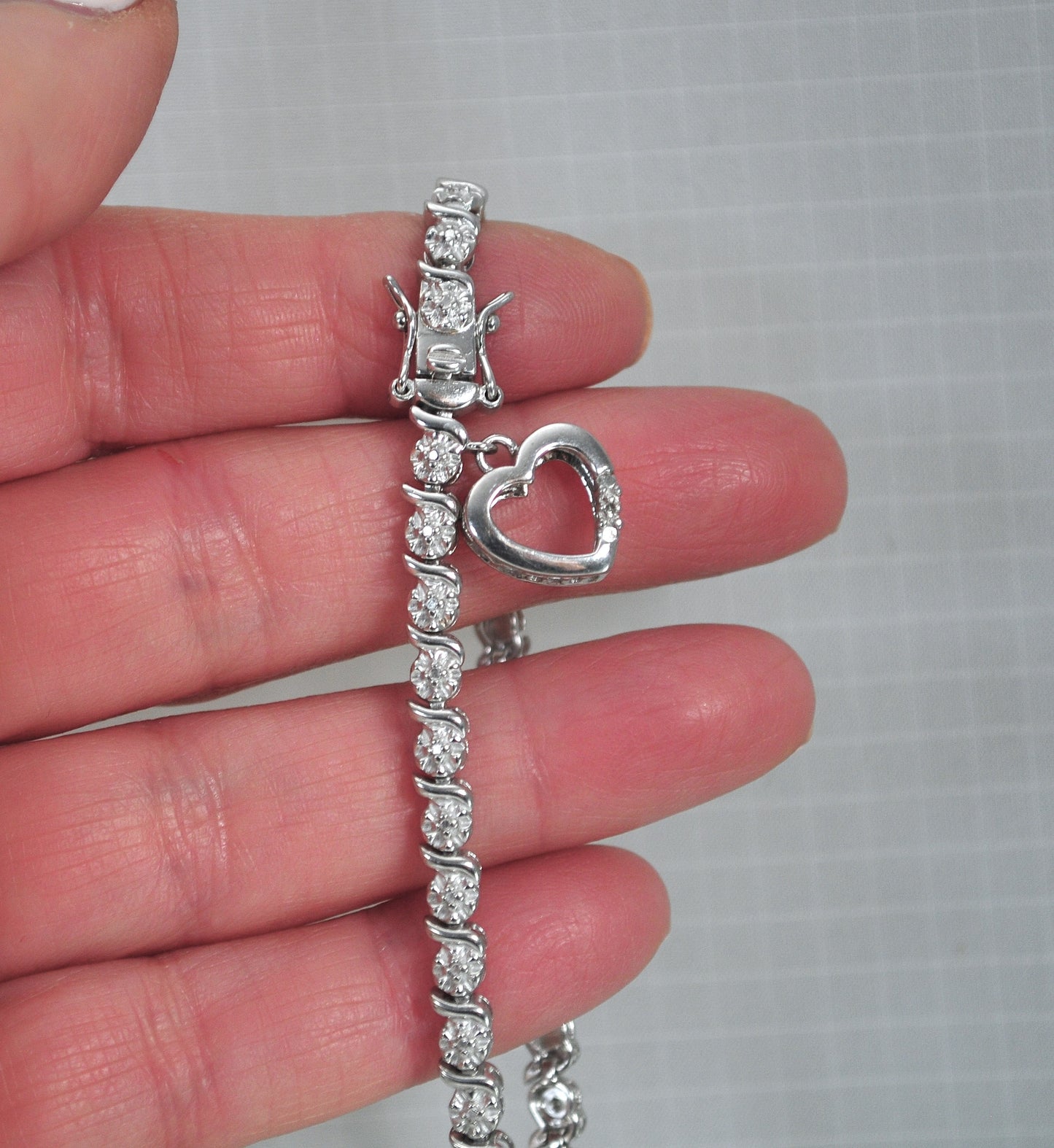 Signed Sterling Silver Diamond Heart Charm Bracelet