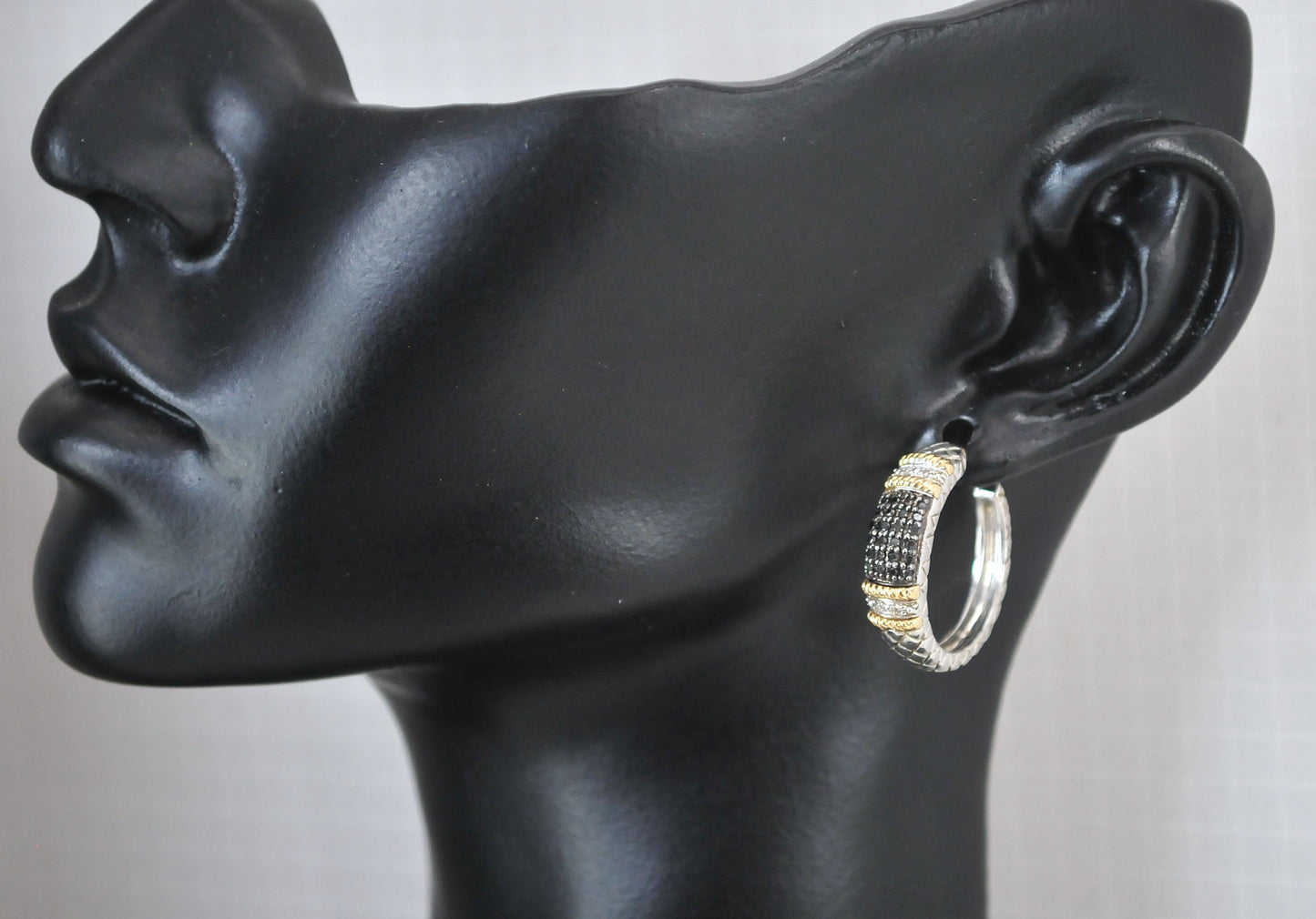 Signed Sterling Silver 14K Gold Black Diamond Hoop Earrings