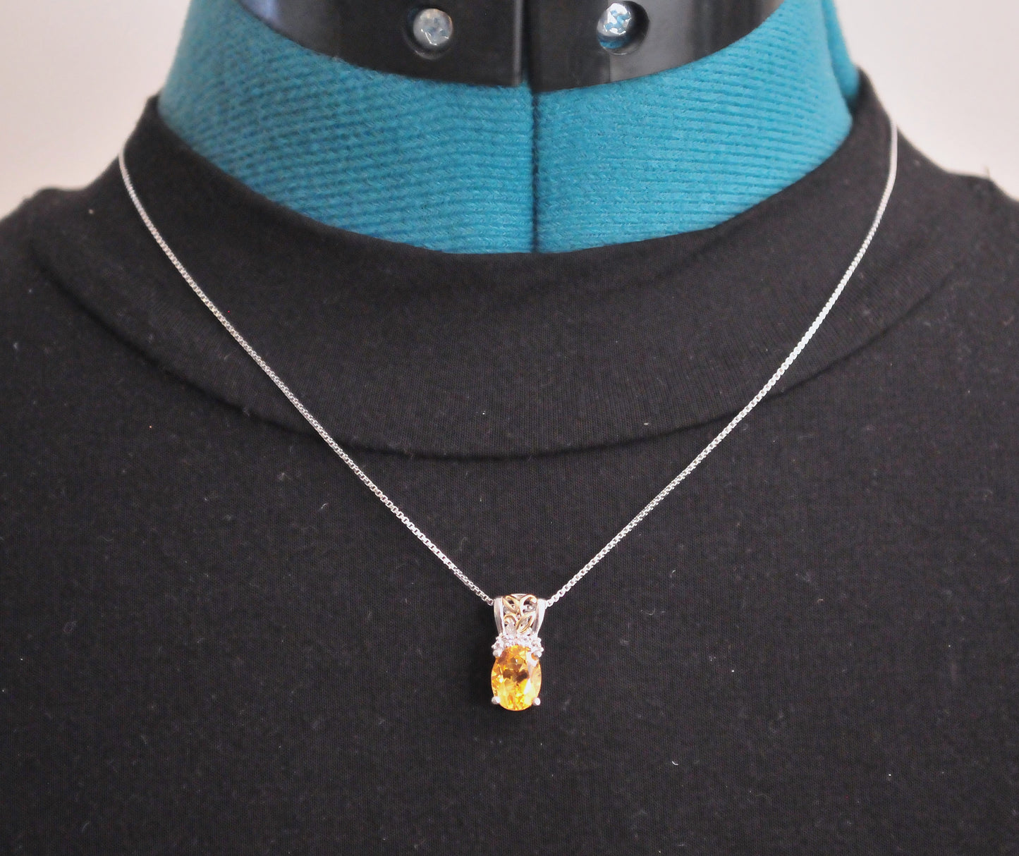 Signed Sterling Silver 14K Gold Citrine Diamond Pendant Necklace