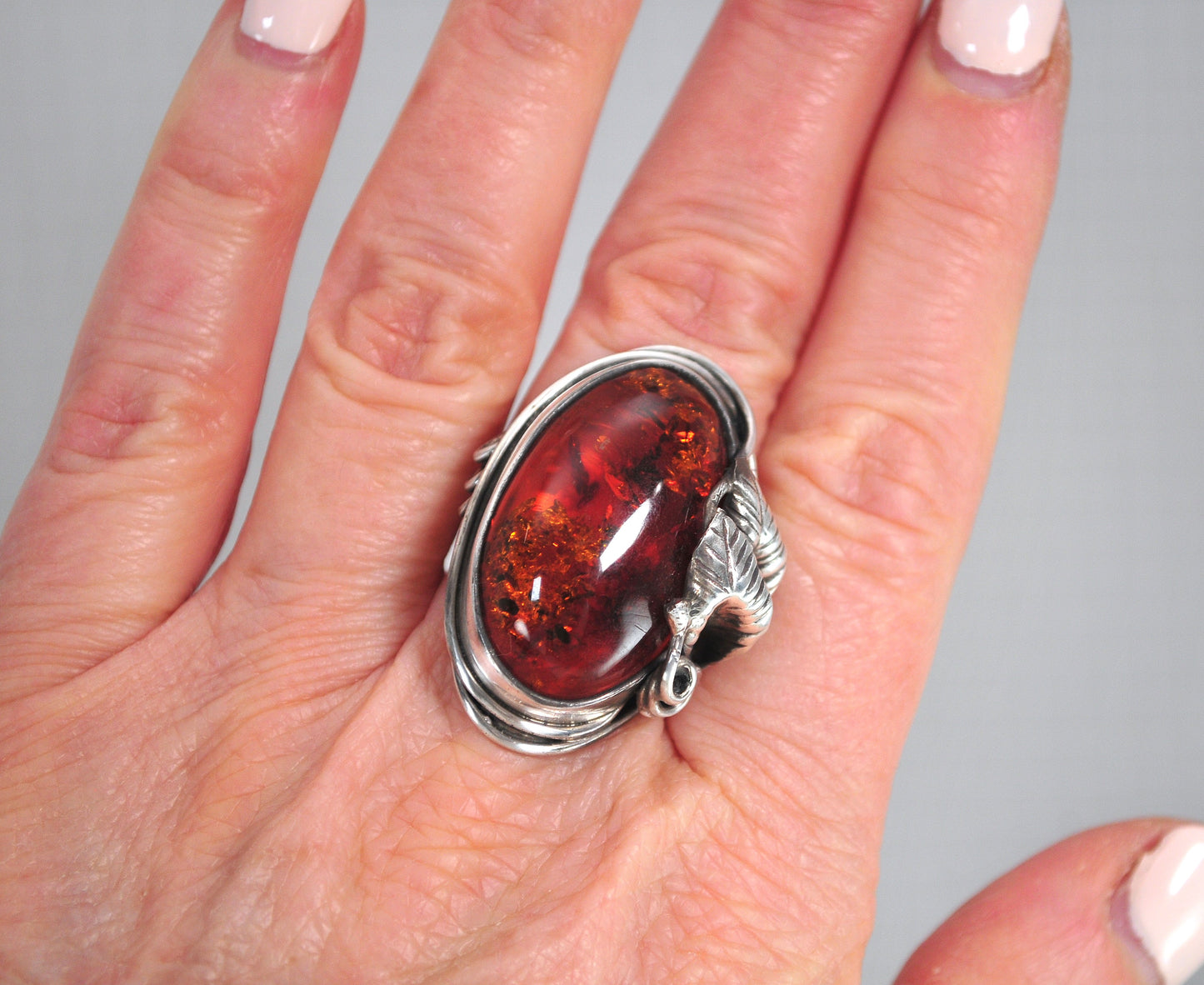 Large Vintage Sterling Silver Amber Ring