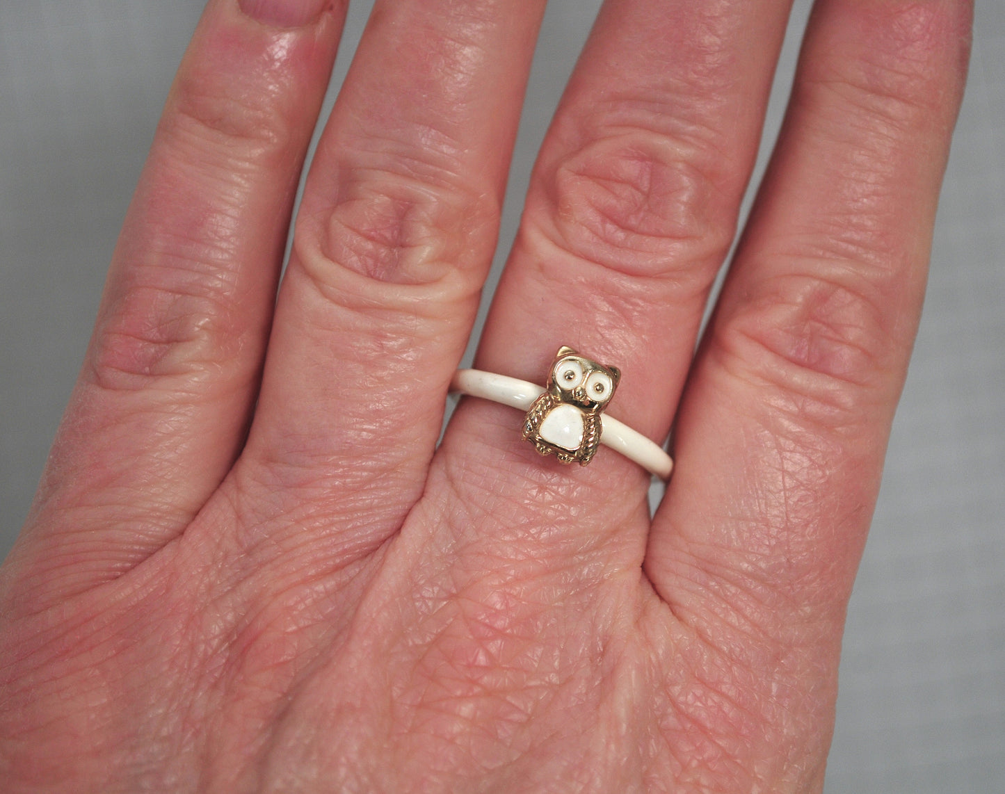 Signed Enamel and Gold over Sterling Silver Owl Ring