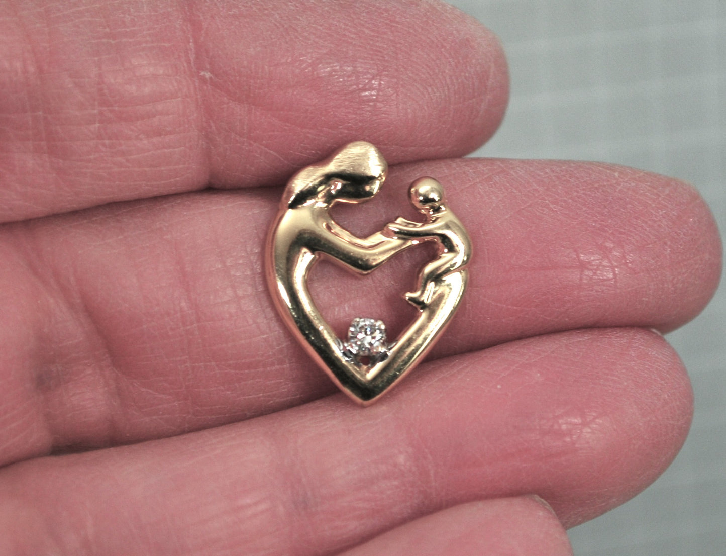 Signed 14K Gold Diamond Mother Child Pendant