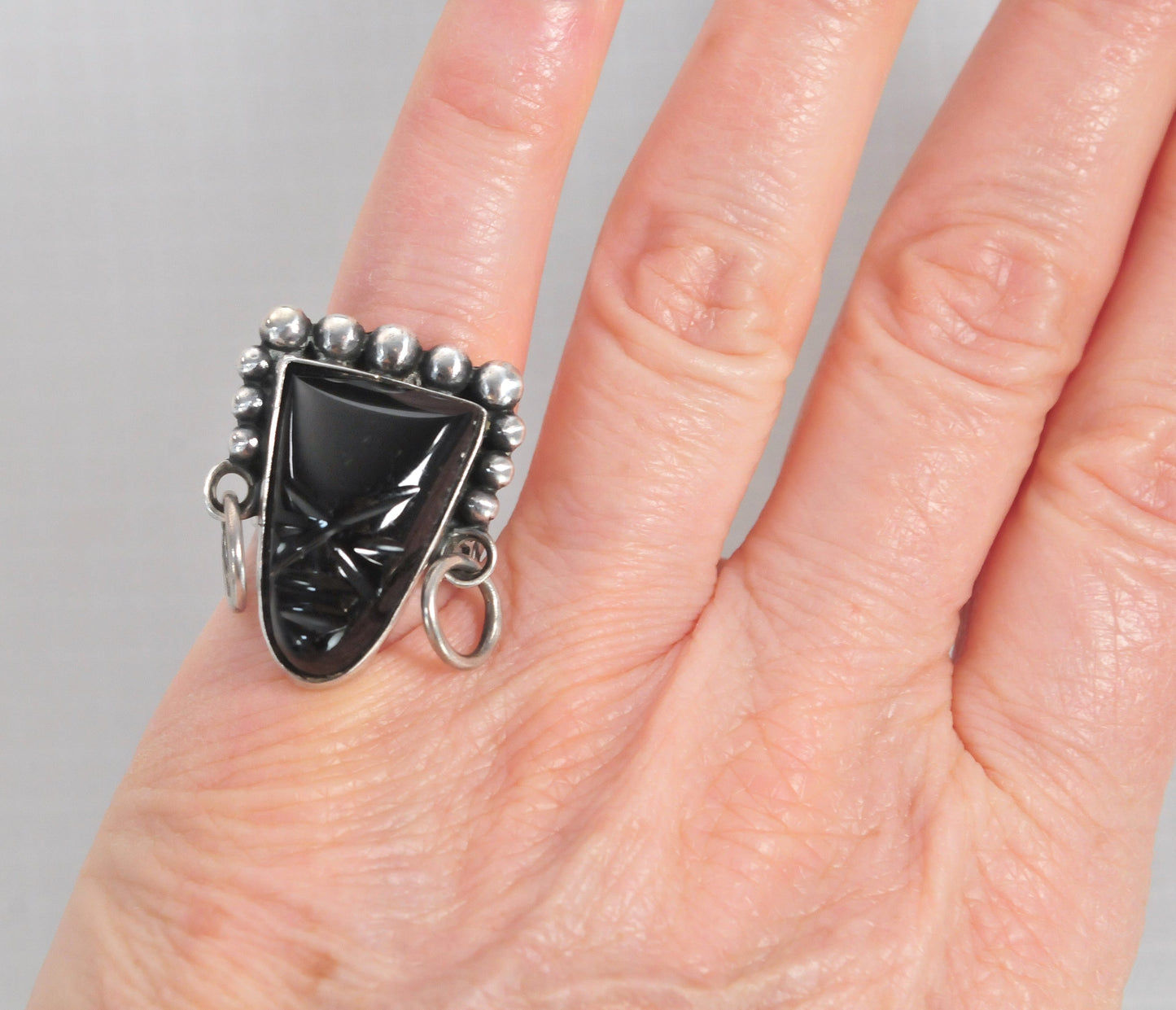 Vintage Sterling Silver Carved Onyx Tribal Ring