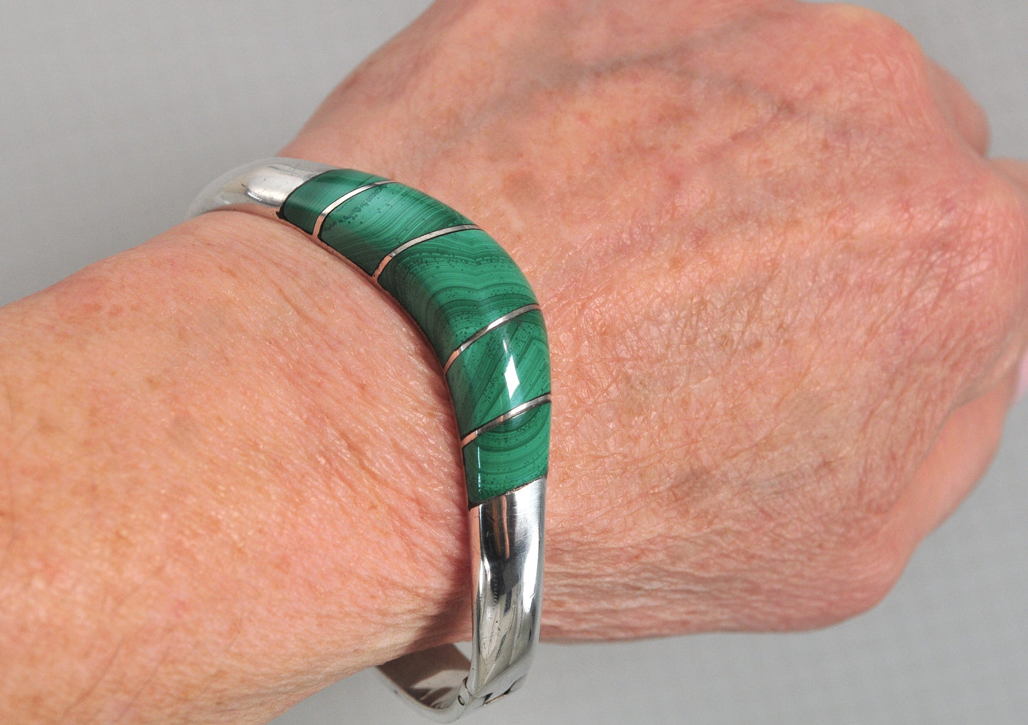 Taxco 950 Silver Malachite Bangle Bracelet