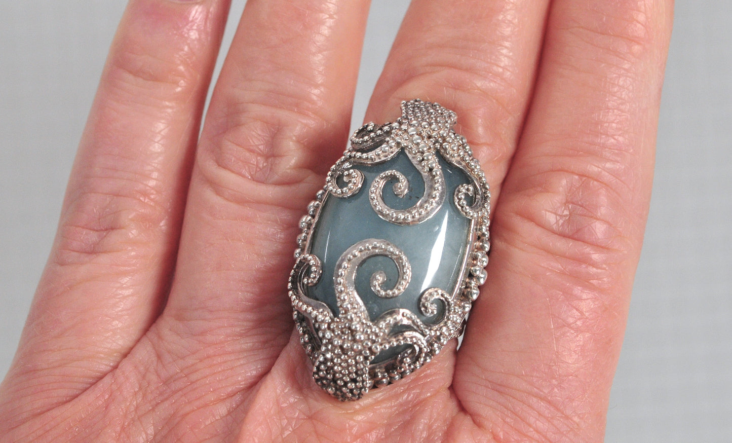 Heavy Sterling Silver Chalcedony Octopus Ring