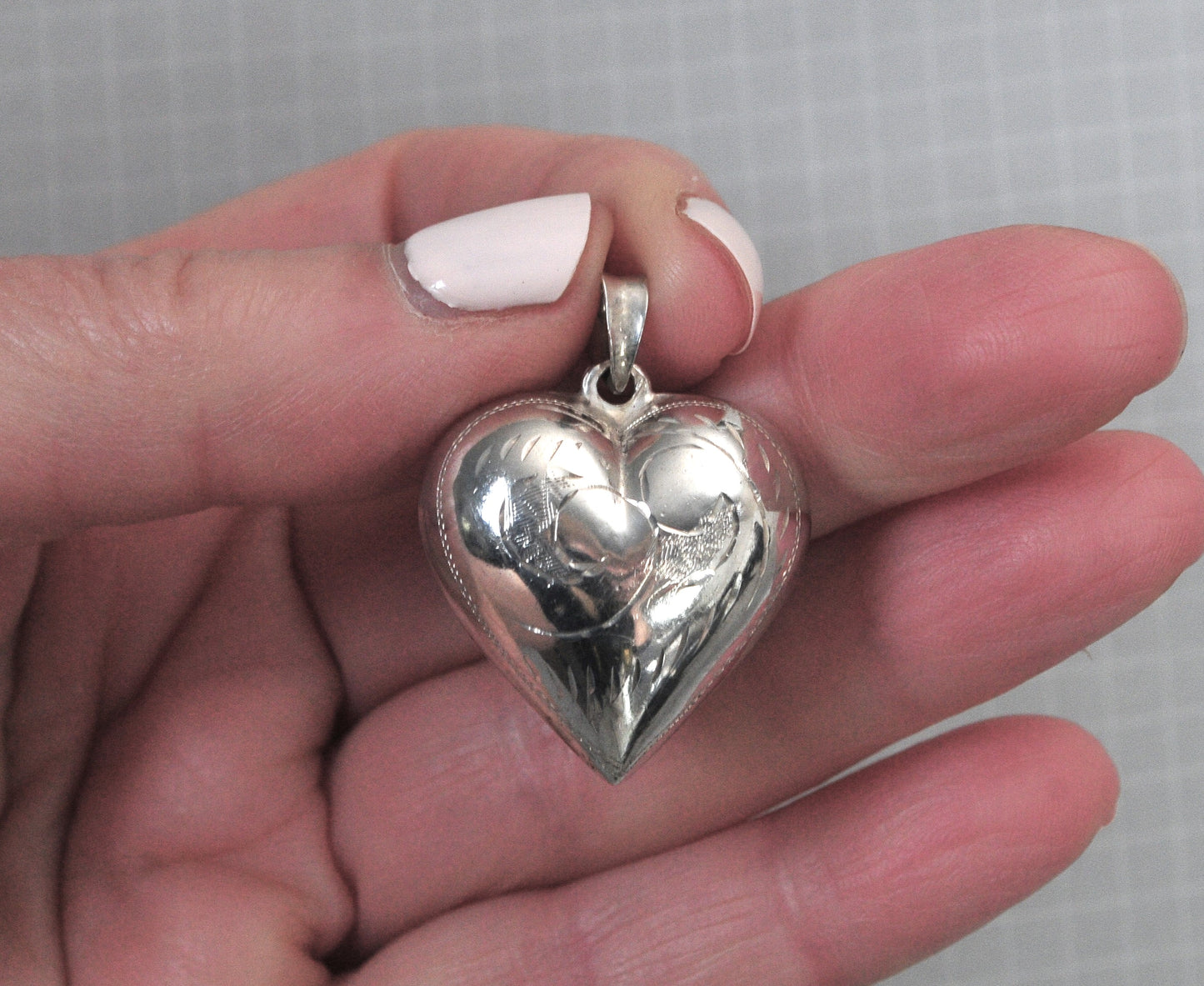 Vintage Sterling Silver Etched Puffed Heart Pendant