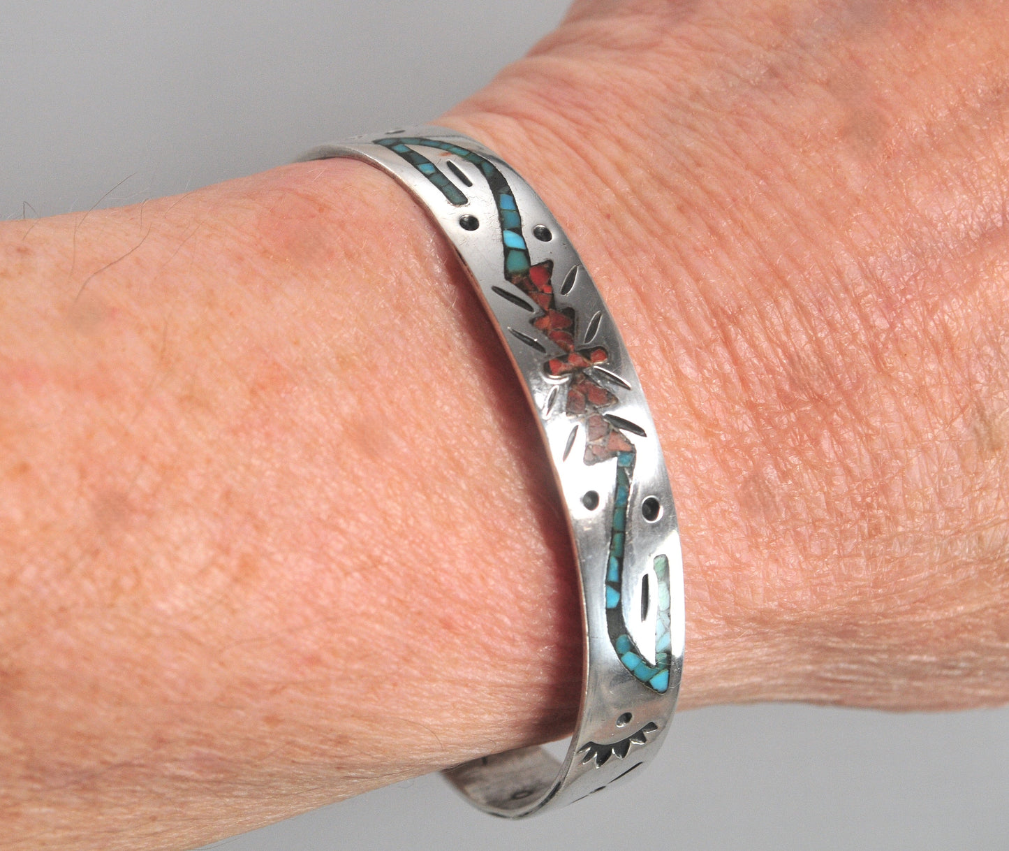Native American Sterling Silver Turquoise Coral Inlay Cuff Bracelet