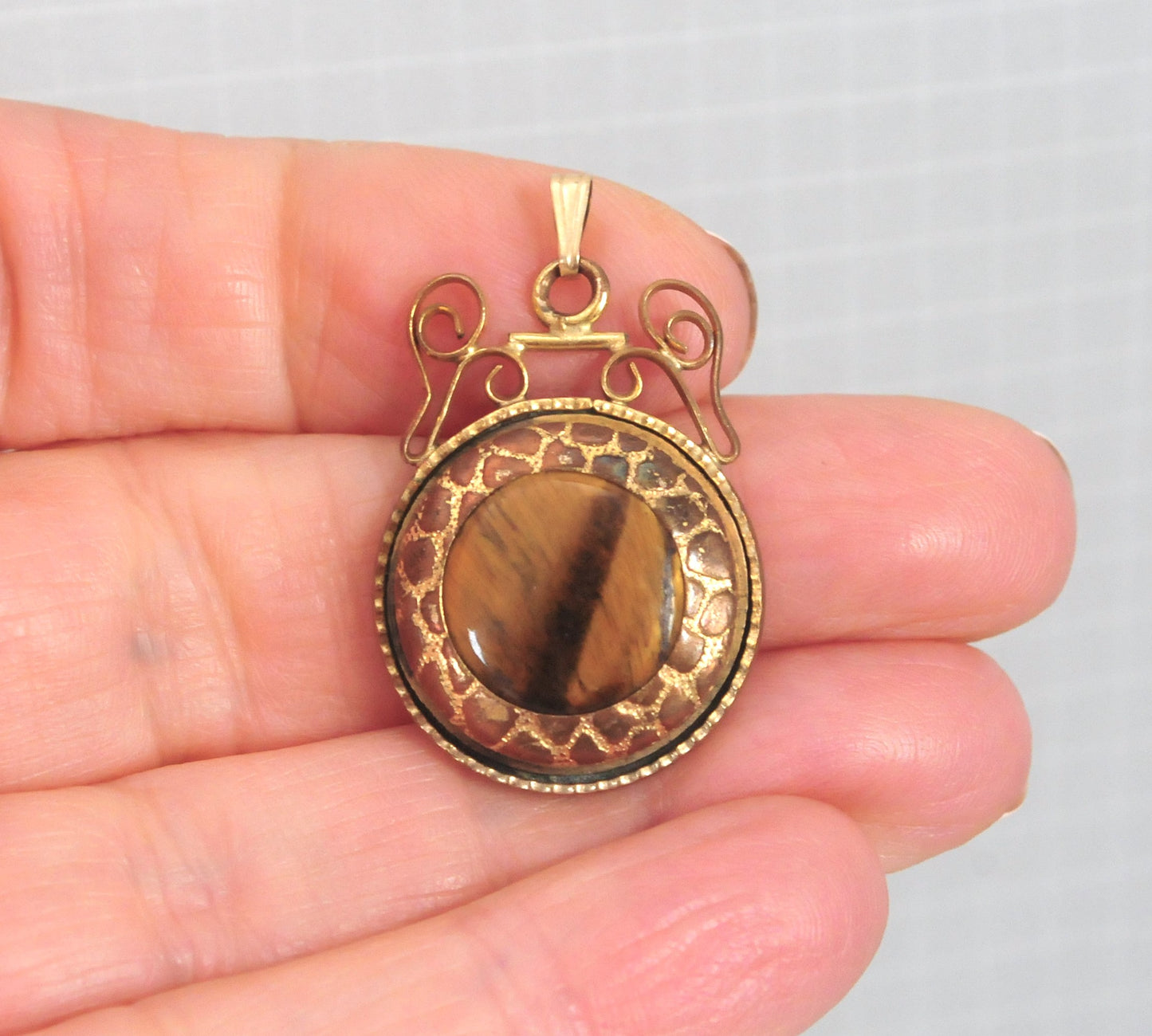 Unique Antique Gold Filled Tiger's Eye Pendant