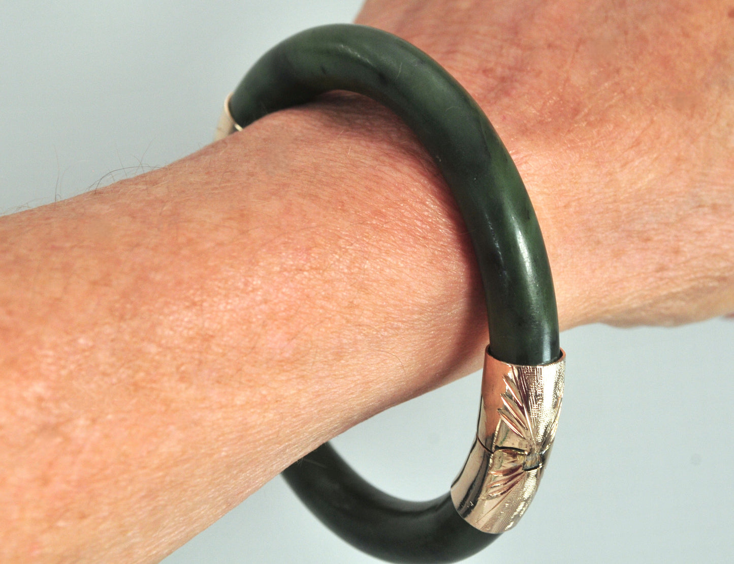 Heavy Vintage Hinged Carved Jade Bangle Bracelet