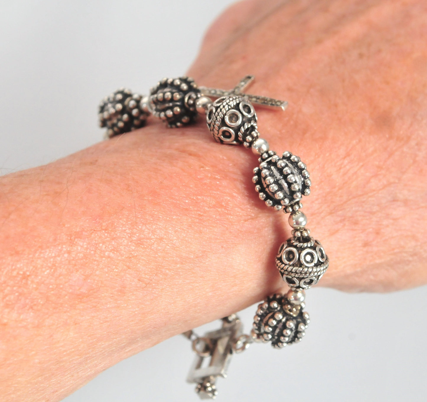 Vintage Sterling Silver Bali Beaded Cross Charm Bracelet