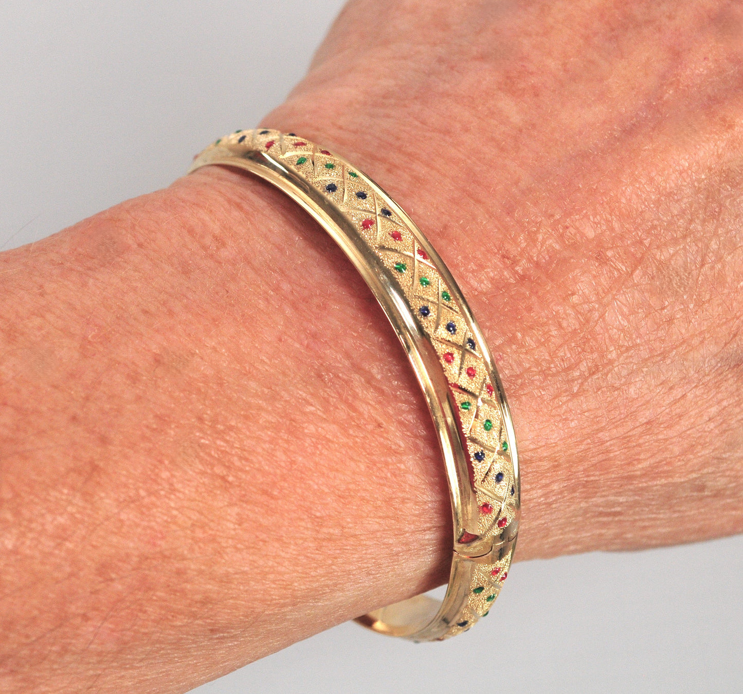 Estate 14K Gold Enamel Dot Bangle Bracelet