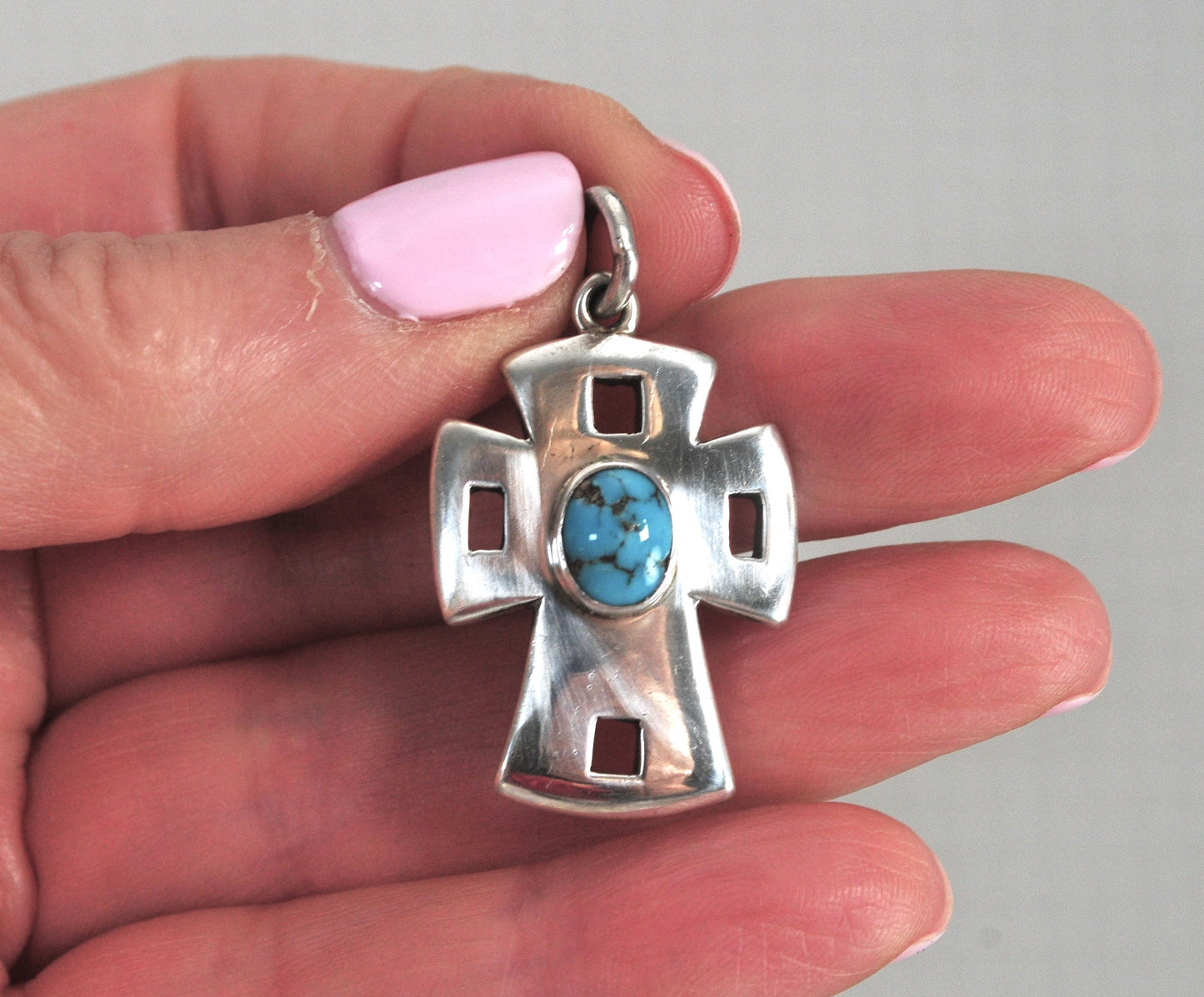 Native American Signed Sterling Silver Turquoise Cross Pendant