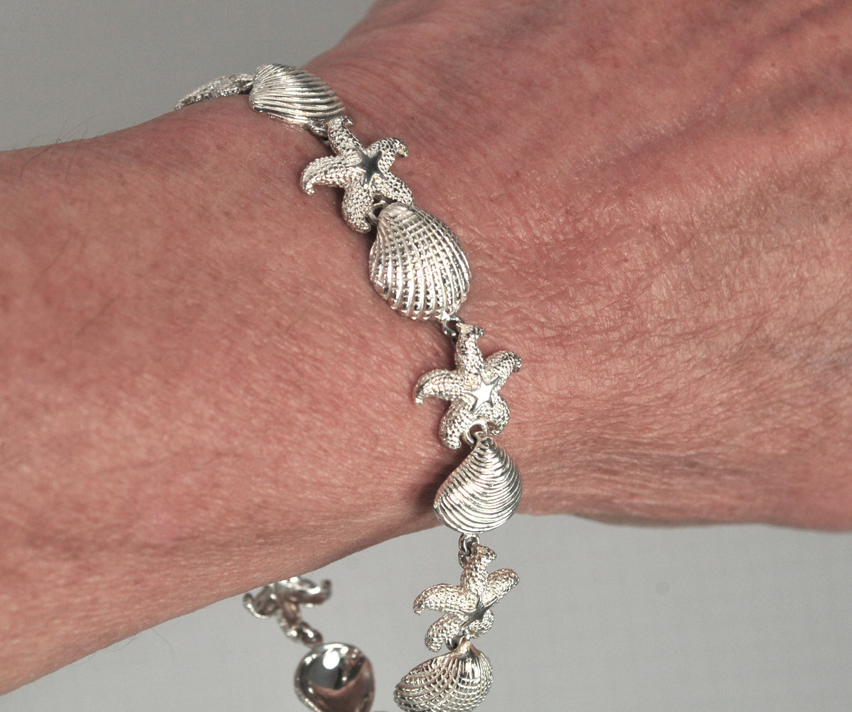 Designer Sterling Silver Seashell Starfish Link Bracelet