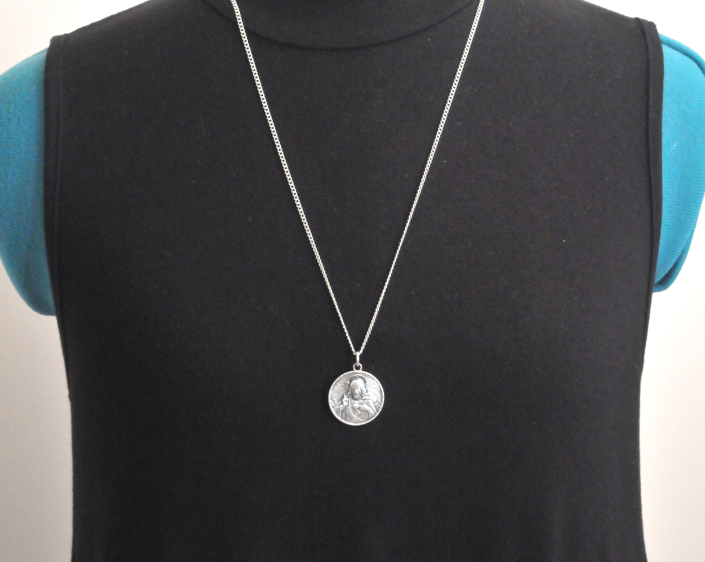 Vintage HMH Sterling Silver Sacred Heart of Jesus Medal Necklace