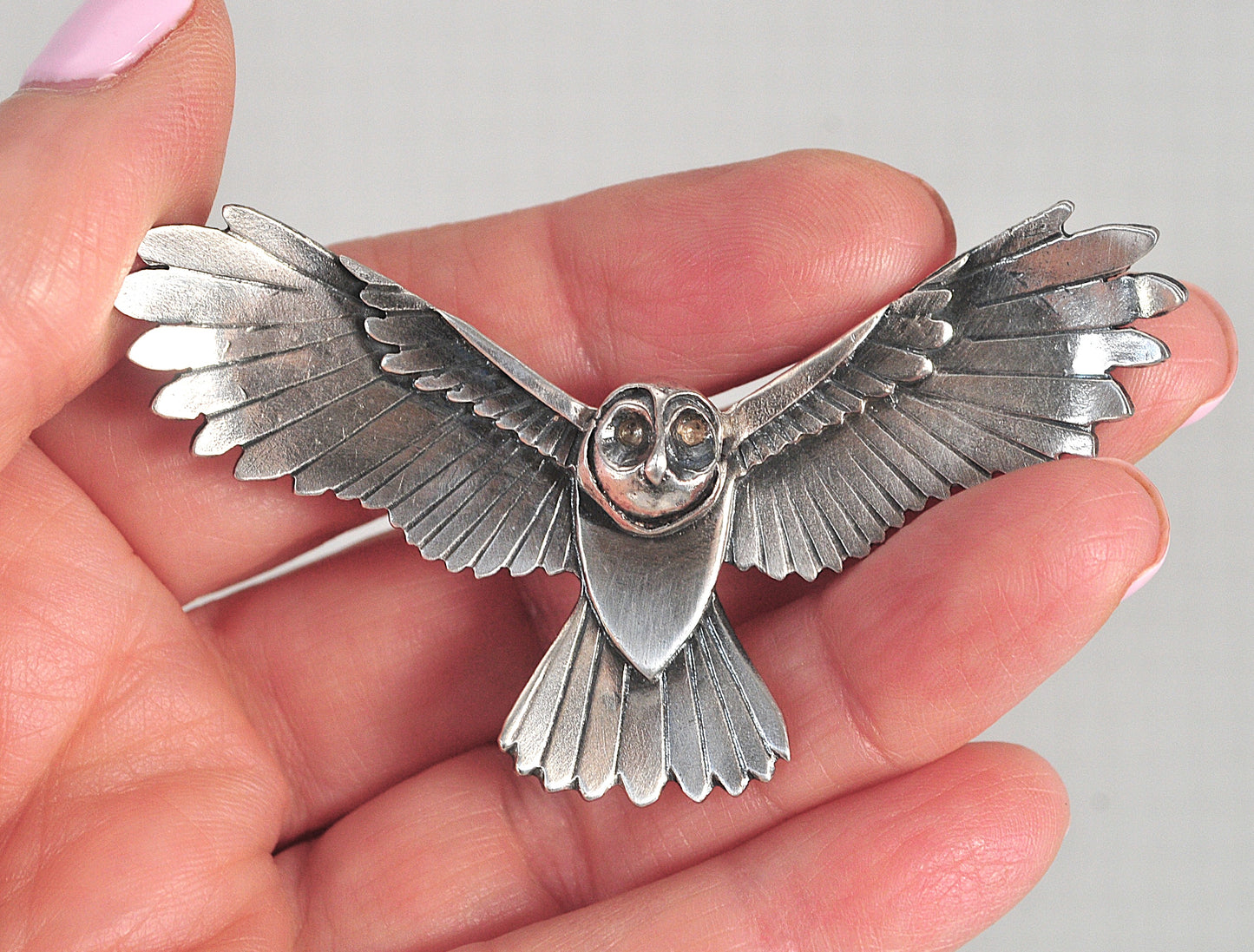 Large Sterling Silver Flying Owl Brooch