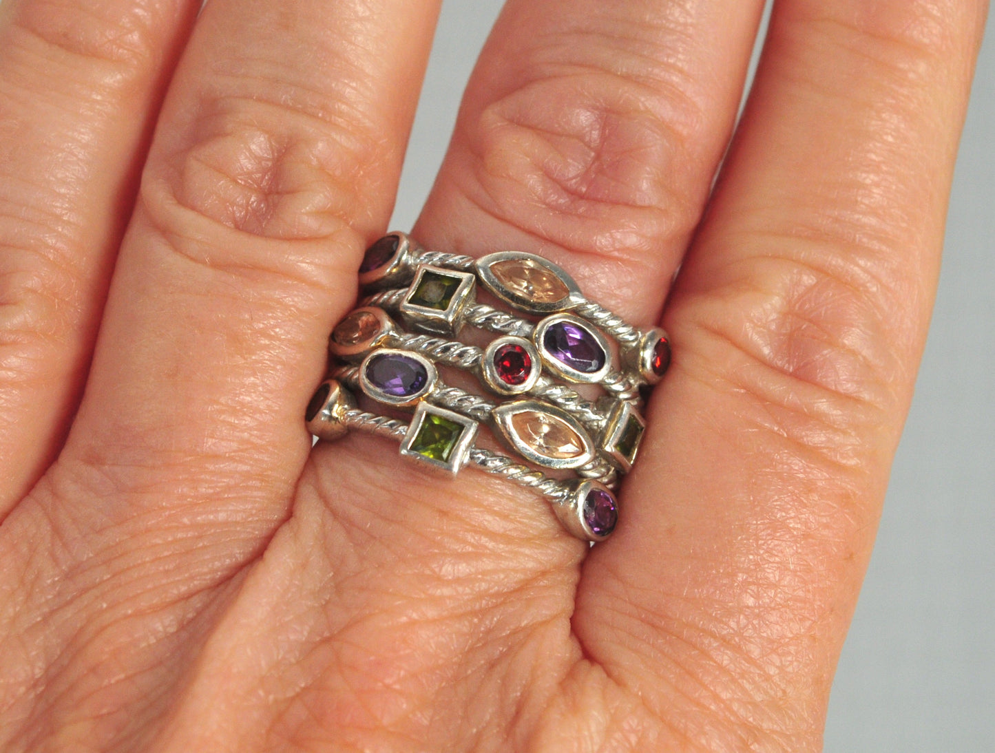 925 Sterling Silver Wide Multi-Strand Gemstone Ring