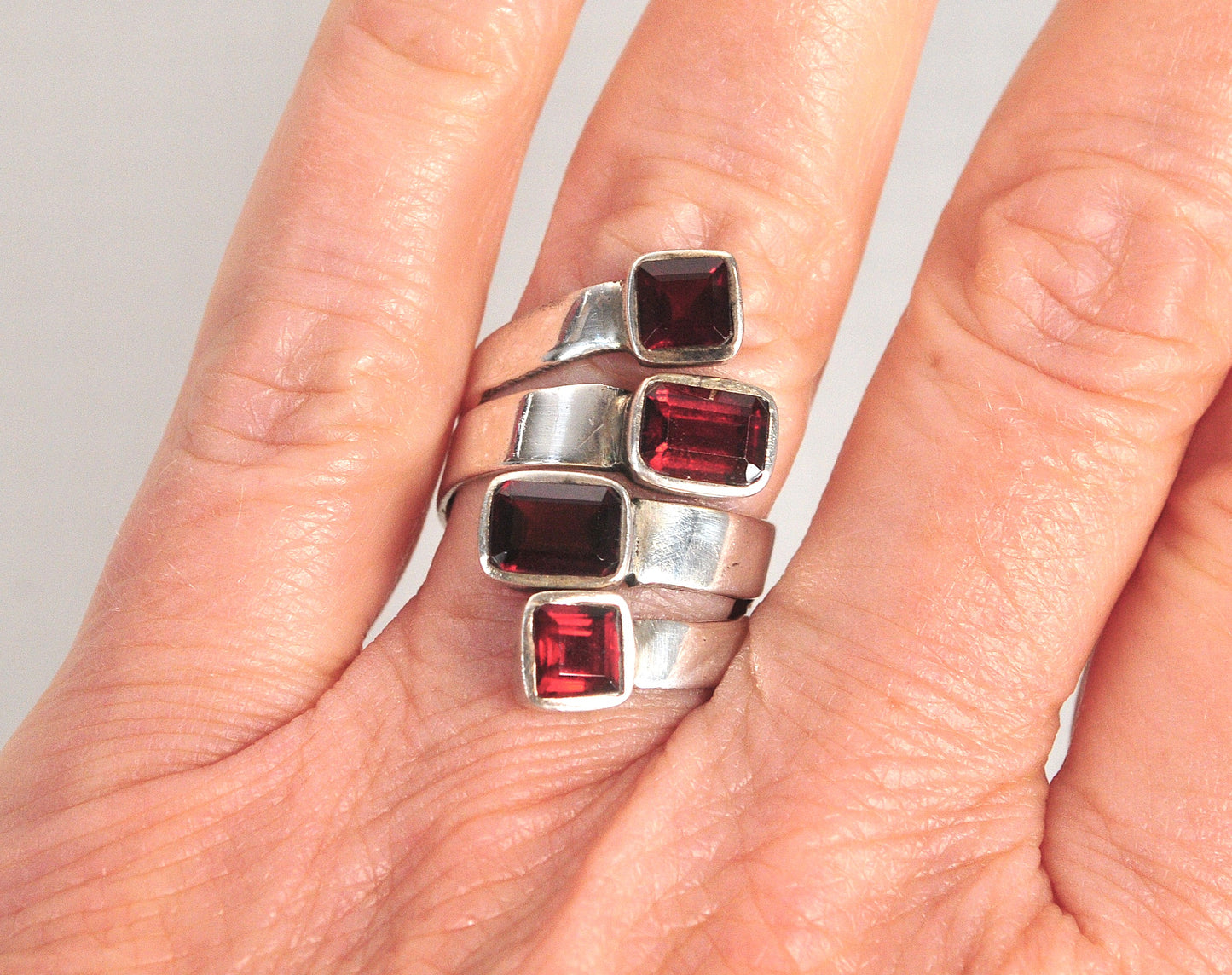 Large 925 Sterling Silver Adjustable Garnet Bypass Ring