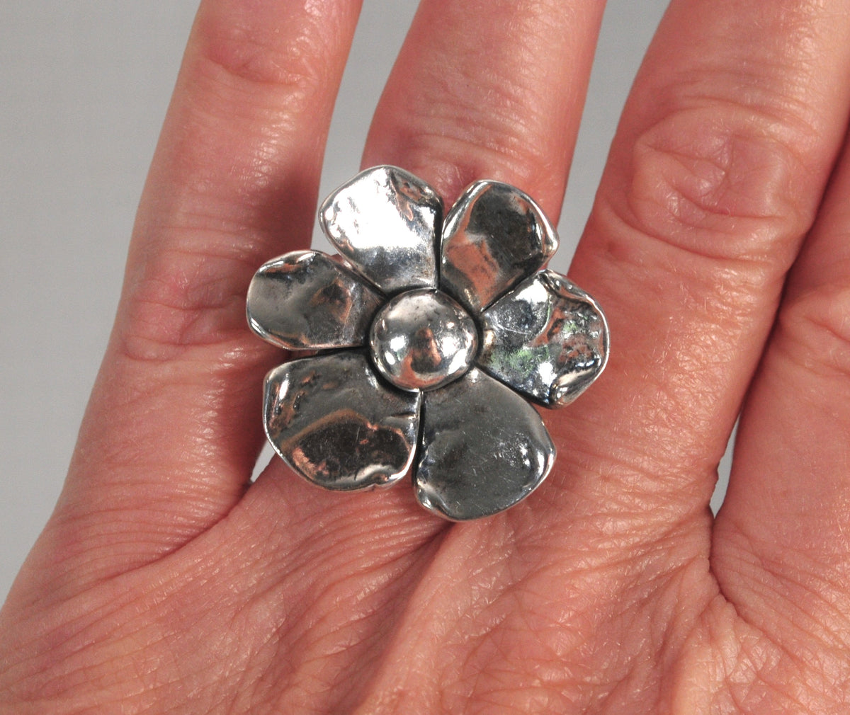 Large Artisan Signed Sterling Silver Flower Ring