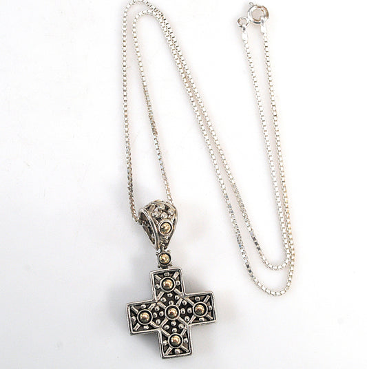 Vintage John Hardy Sterling Silver 18K Gold Cross Pendant Necklace