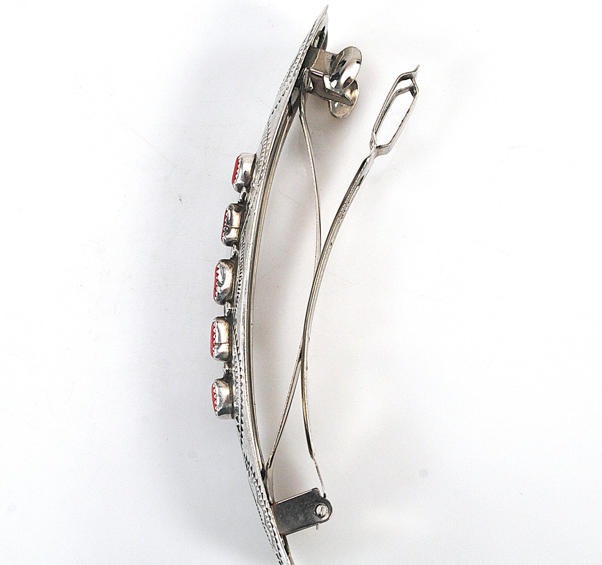 Large Native American Sterling Silver Southwestern Coral Barrette