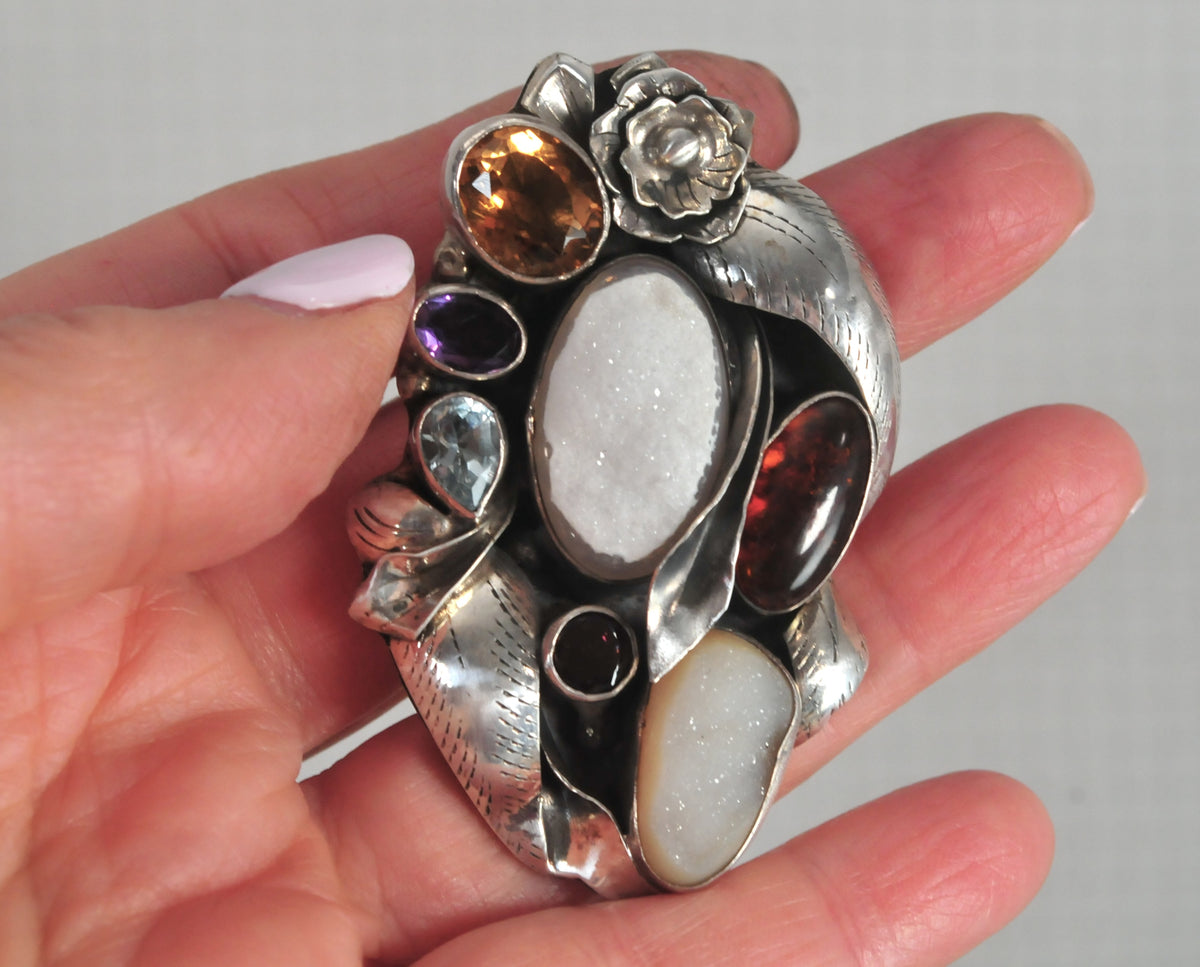 HUGE Sterling Silver Artisan Multi-Stone Floral Pendant