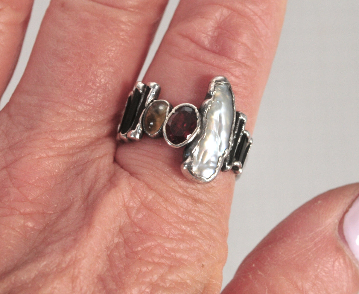 Solid 999 Fine Silver Ring, Baroque Pearls, Avant Garde Ring