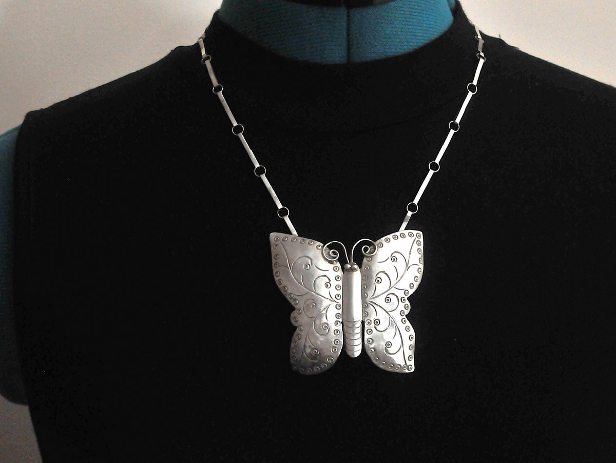 Large Southwestern Butterfly Necklace, Artisan Handmade Solid Sterling Silver
