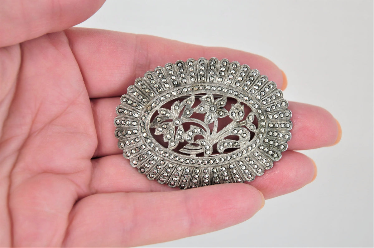 Large Vintage Sterling Silver Marcasite Brooch