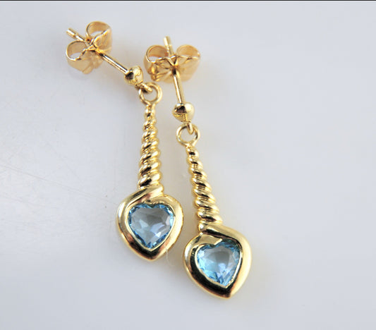 14K Gold Blue Topaz Heart Earrings