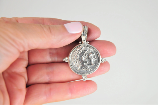 Sterling Silver Alexander the Great Replica Greek Coin Pendant - silvervintagejewelry