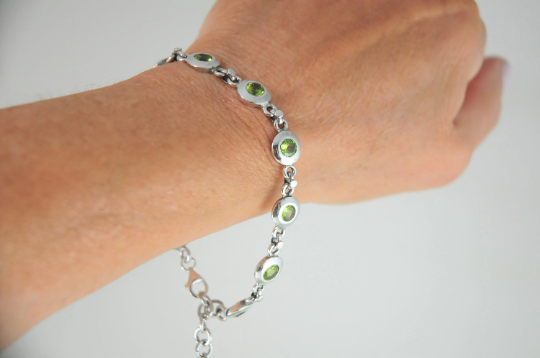 Adjustable Sterling Silver Peridot Disc Bracelet