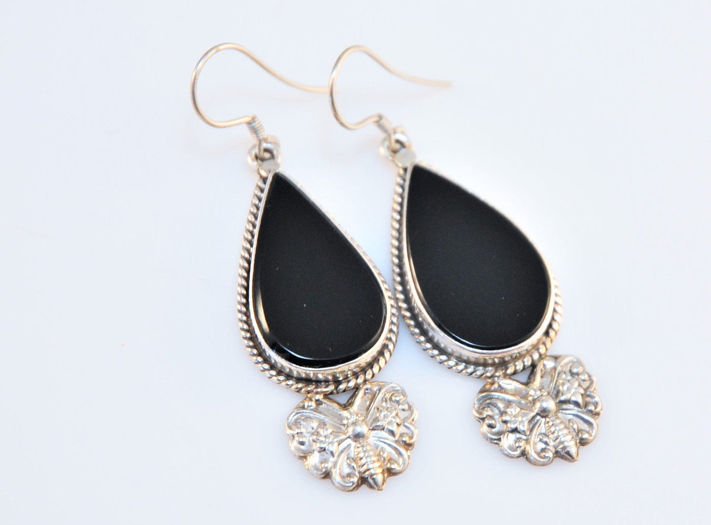 Long Boho Sterling Silver Teardrop Black Onyx Butterfly Earrings - silvervintagejewelry
