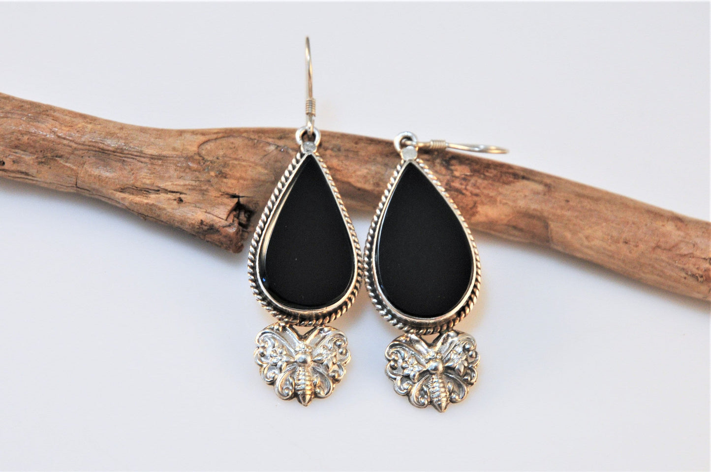 Long Boho Sterling Silver Teardrop Black Onyx Butterfly Earrings - silvervintagejewelry