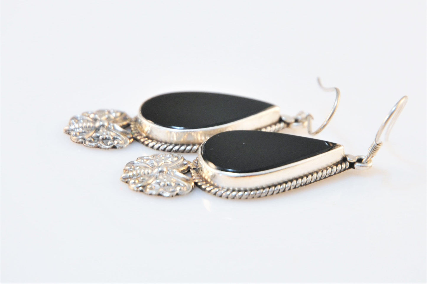 Long Boho Sterling Silver Teardrop Black Onyx Butterfly Earrings - silvervintagejewelry