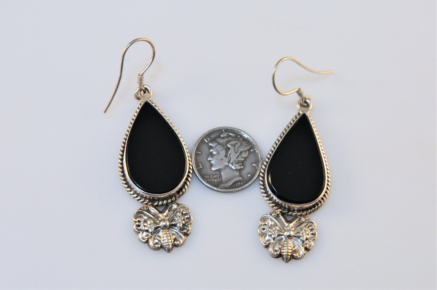 Long Boho Sterling Silver Teardrop Black Onyx Butterfly Earrings - silvervintagejewelry