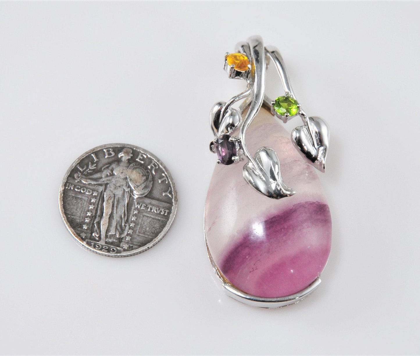 Large Multi-Stone Amethyst Crystal Leaf Pendant - silvervintagejewelry