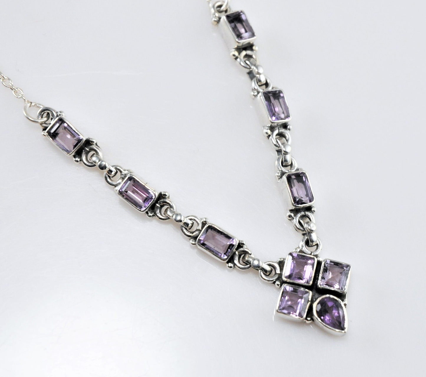 Amethyst Sterling Silver Adjustable Multi-Gem Bib Necklace - silvervintagejewelry