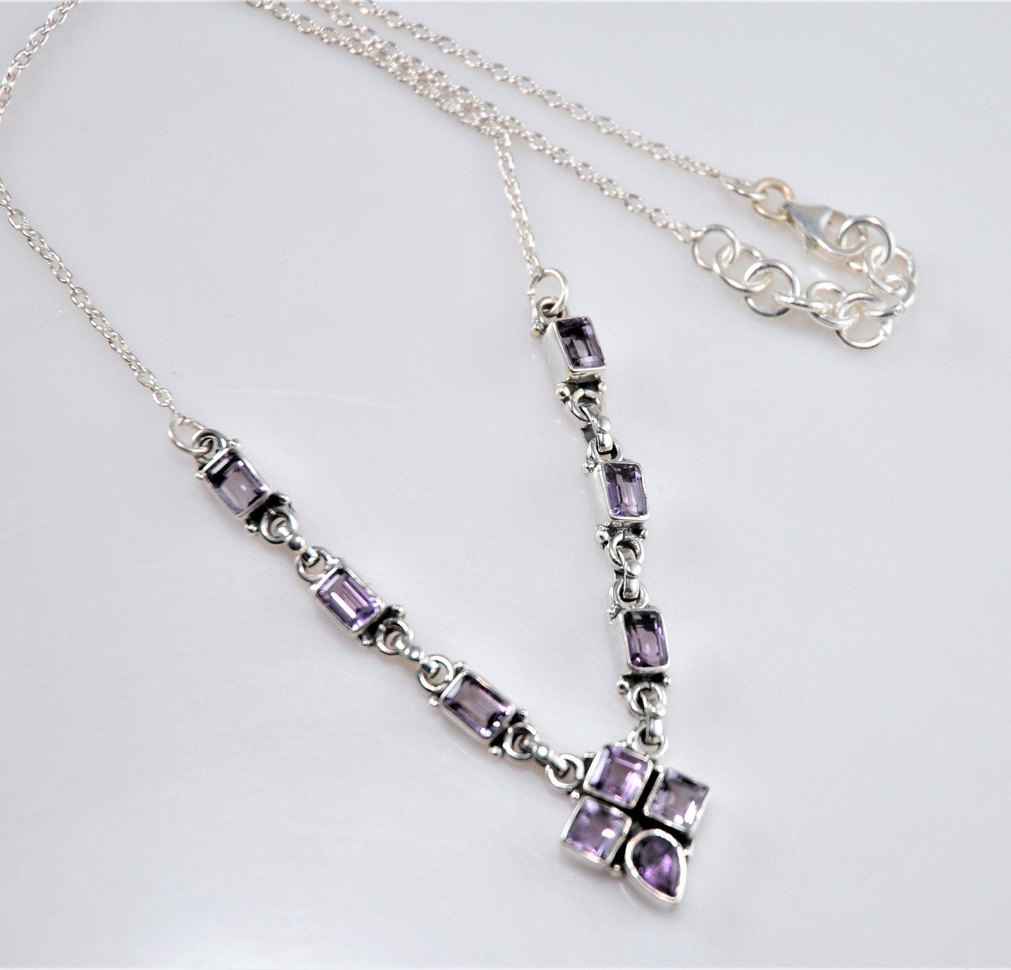 Amethyst Sterling Silver Adjustable Multi-Gem Bib Necklace - silvervintagejewelry