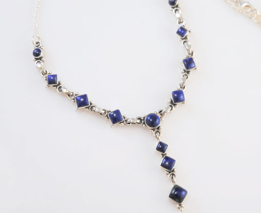 Adjustable Sterling Silver Lapis Y Necklace