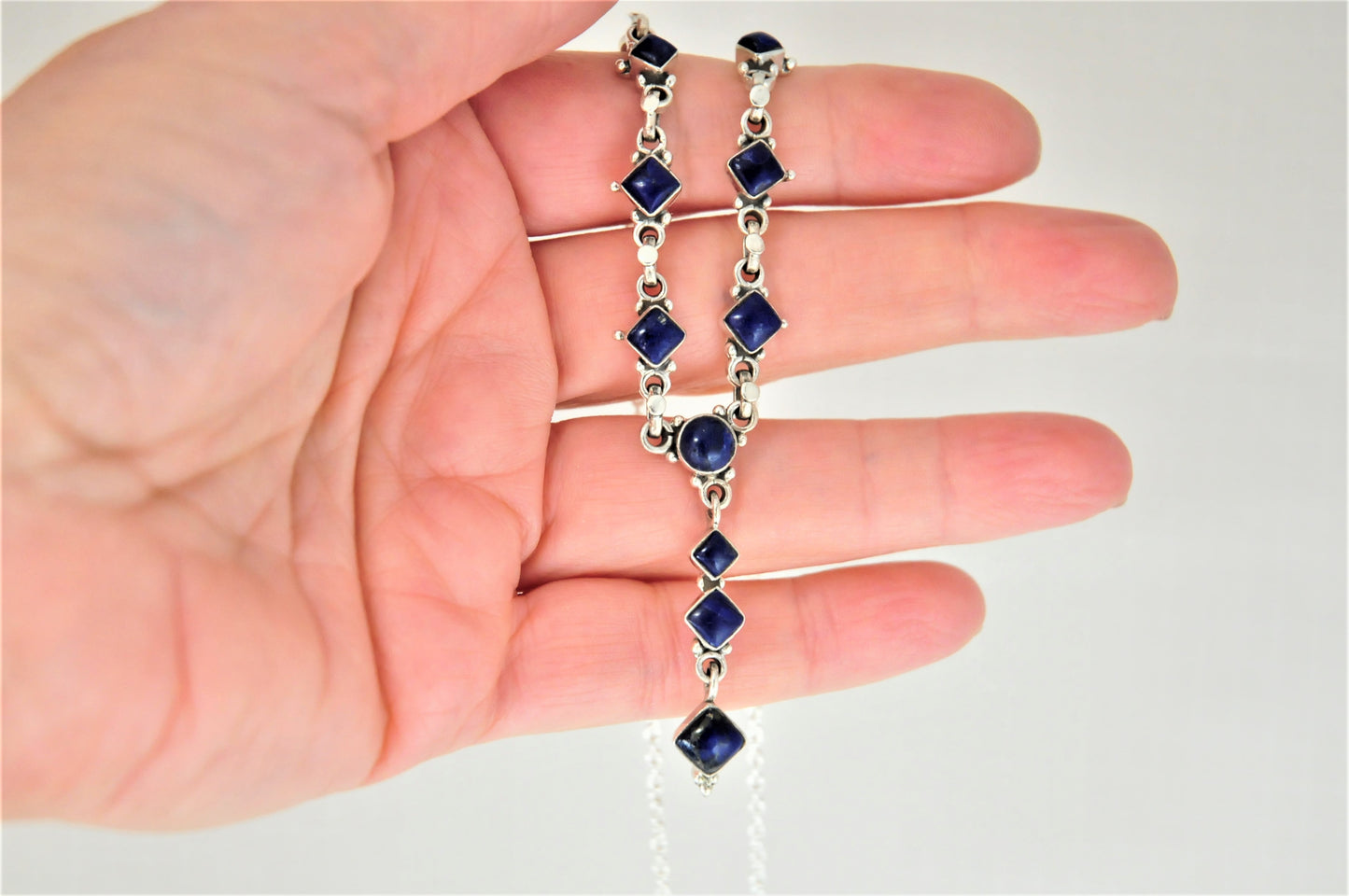 Adjustable Sterling Silver Lapis Y Necklace